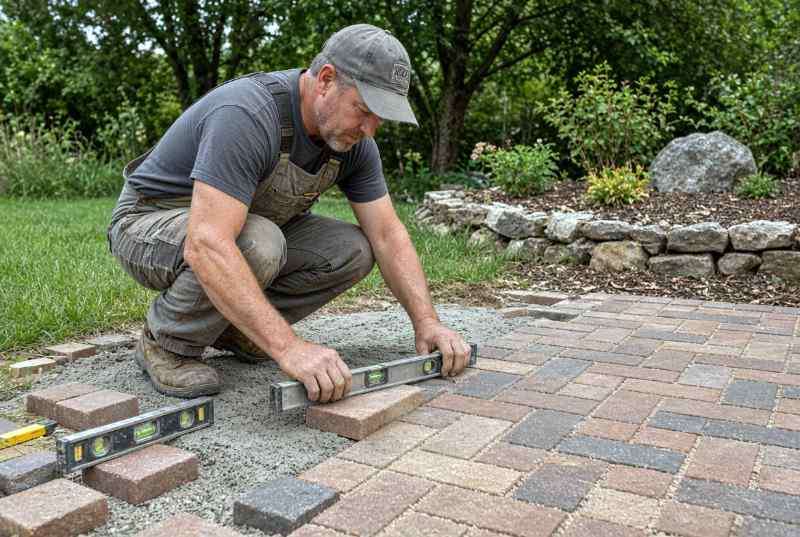Brick pavers being installed in a mortar bed using a running bond pattern
