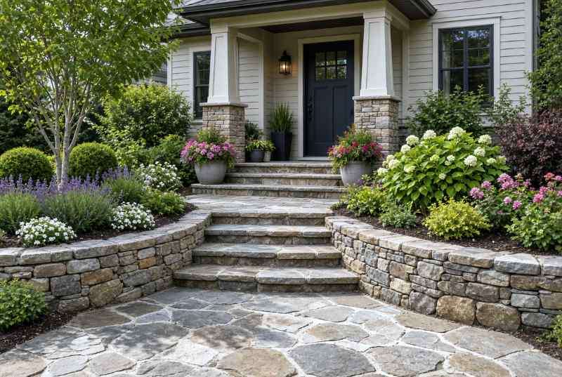Natural stone steps and retaining wall, planter and garden border framing home entrance. Beautiful hardscape, colorful landscape design.