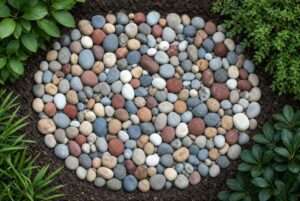 Colorful river rock from Southwest Stone Supply in a circle in a landscaped area.