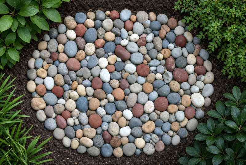Colorful river rock from Southwest Stone Supply in a circle in a landscaped area.