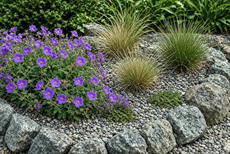 flower bed with river rock landscaping featuring beautiful pink flowers peeking out amongst the smooth rocks.