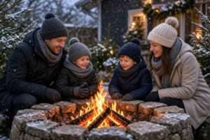 A family enjoying a patio together outdoor during the winter.