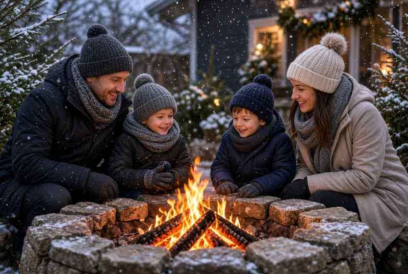 A family enjoying a patio together outdoor during the winter.
