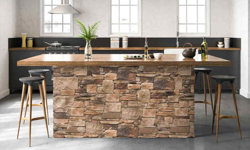 Thin stone veneer makes this kitchen island amazing.