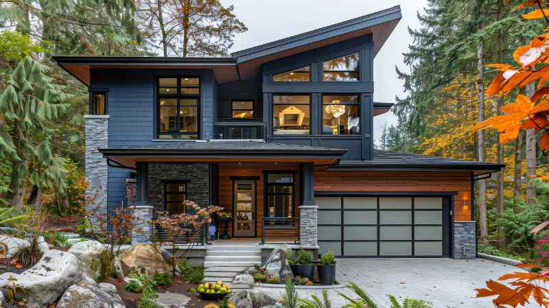 Luxurious new home with curb appeal. Trendy grey two-story mixed siding exterior with well kept front yard.