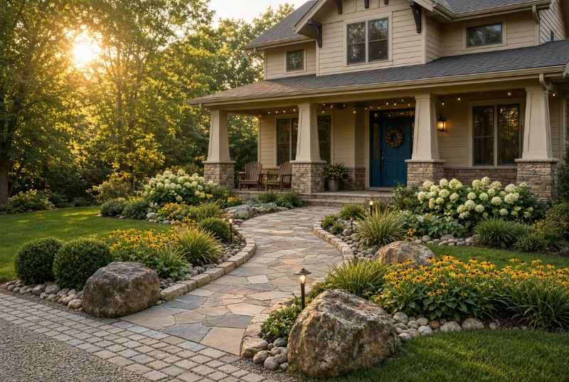 DIY summer curb appeal: natural flagstone walkway, paver driveway, stone-column porch, landscaped rock beds, and outdoor lighting