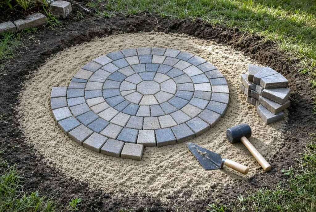 Pavers being installed using a circular pattern.