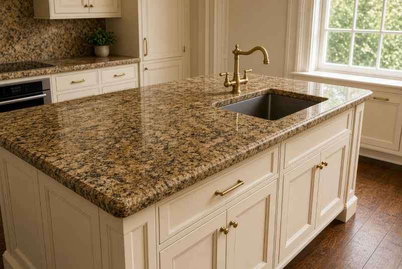 Polished gold-and-brown granite kitchen island and countertops in a luxury home.
