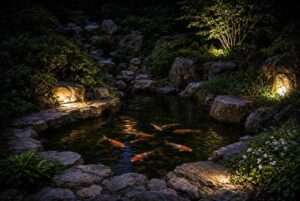 Decorative landscape lighting design highlighting a koi pond in a garden at night.