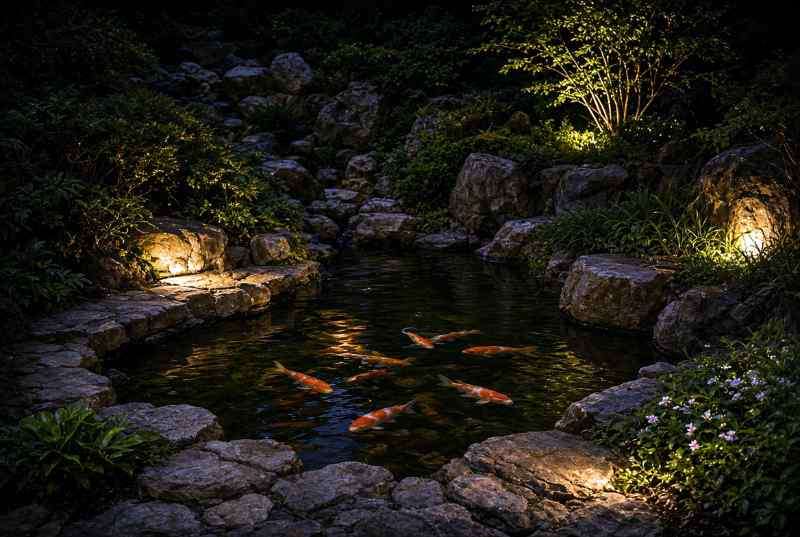 Decorative landscape lighting design highlighting a koi pond in a garden at night.