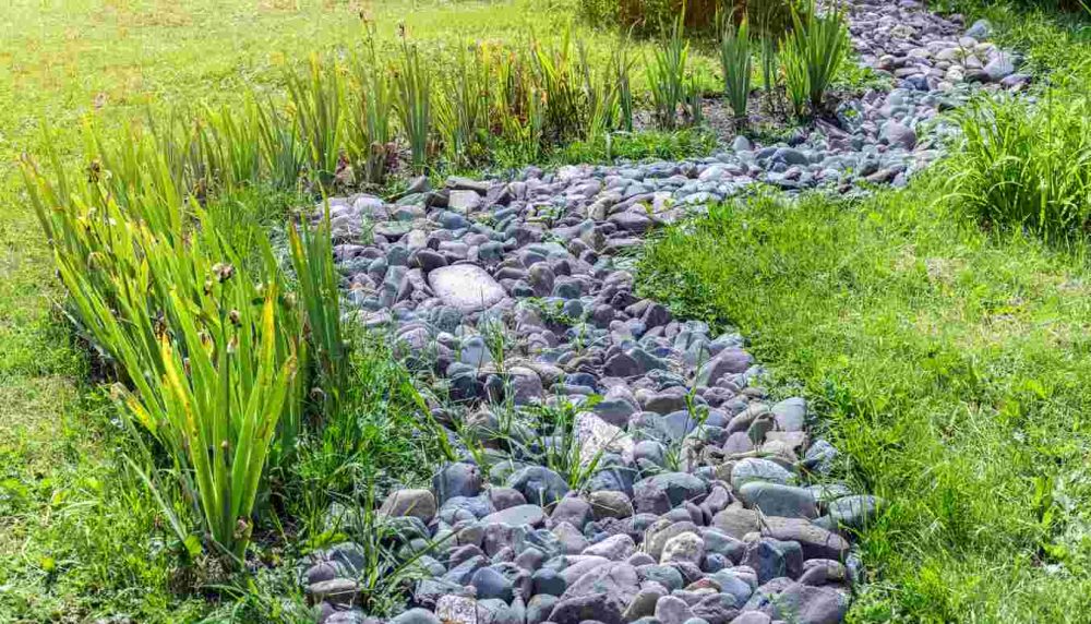 Beautiful showcase of river rock landscaping, green grass surrounding a twisting path made of smooth rocks.