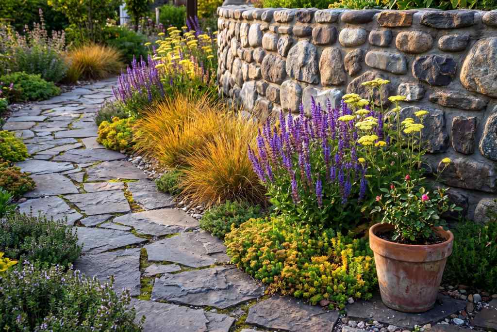 A path by a garden wall built with outdoor project stone materials
