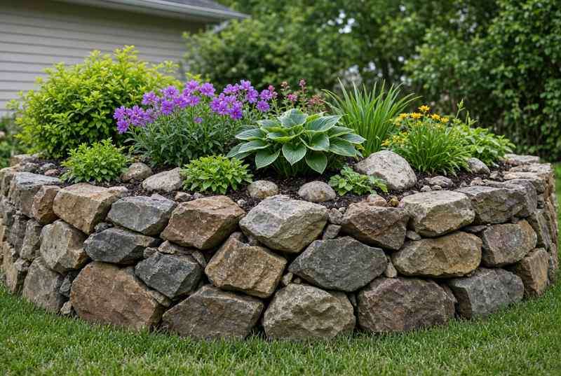 Dry stacked stone wall that serves as a raised flower bed with landscape rocks, mulch and plants in the raised bed.