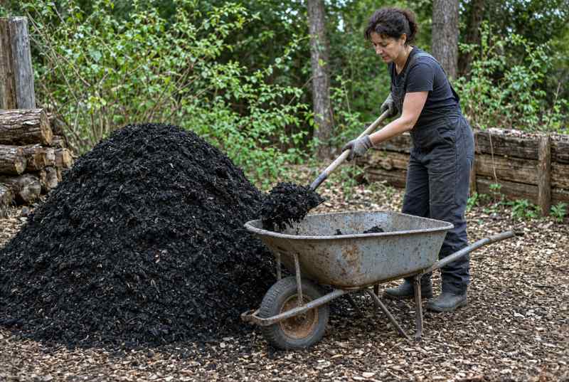 Heap of black gardening mulch delivered to a home with weathered wheelbarrow next to it and a woman scooping it into the wheelbarrow.