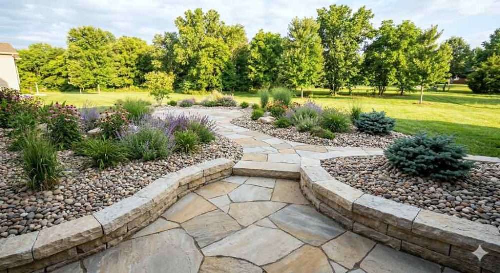 A professionally landscaped backyard in Columbia, MO featuring decorative river rock and a flagstone patio by Southwest Stone Supply.