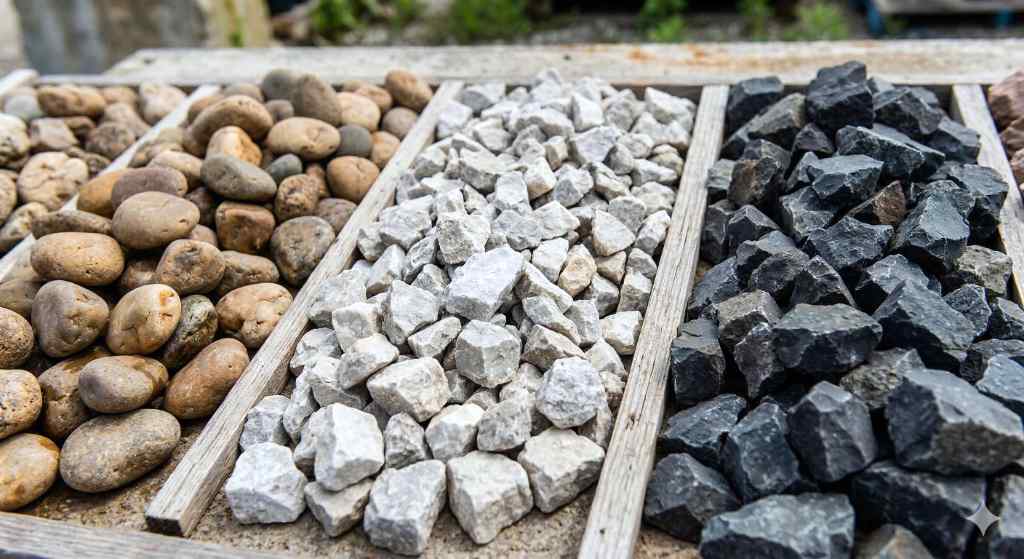 A variety of landscaping rocks available in Columbia, MO, including Missouri river rock, limestone, and trap rock.