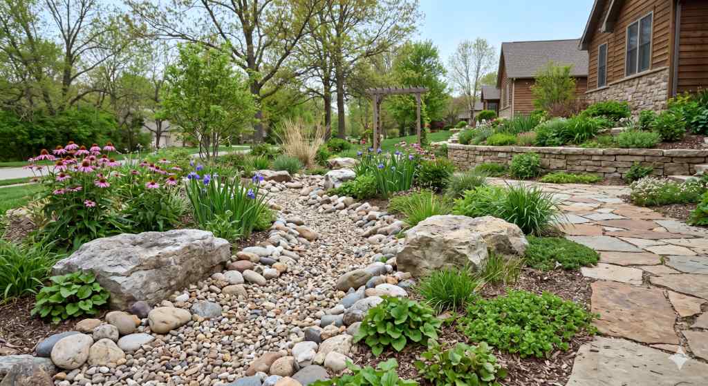 A naturalistic landscaping project in Columbia, MO, featuring a dry creek bed created with river rock, a decorative boulder, and a winding flagstone pathway, demonstrating sustainable landscaping trends.