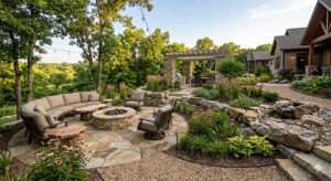 Modern Columbia, MO backyard featuring a natural flagstone patio, custom stone fire pit, and tiered rock retaining walls with native Missouri plantings.