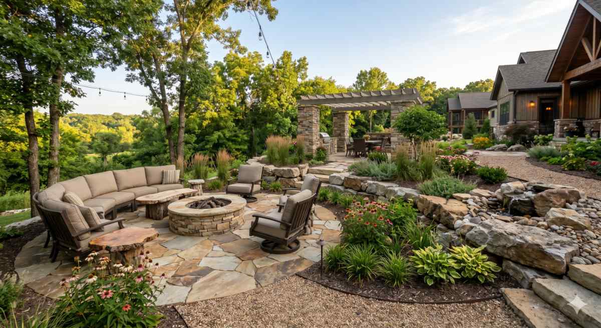 Modern Columbia, MO backyard featuring a natural flagstone patio, custom stone fire pit, and tiered rock retaining walls with native Missouri plantings.