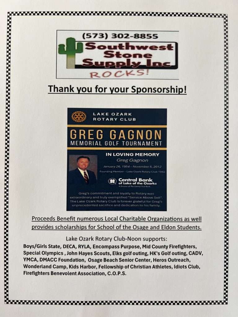 Thank you flyer showing Southwest Stone Supply as a proud sponsor of the Greg Gagnon Memorial Golf Tournament, Lake Ozark Rotary Club, Osage Beach Missouri.