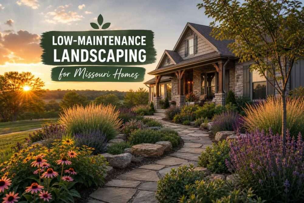 Low-maintenance landscaping at a Missouri home featuring a natural stone pathway, large boulders, ornamental grasses, and colorful drought-tolerant native plants including purple coneflowers during golden hour sunset.