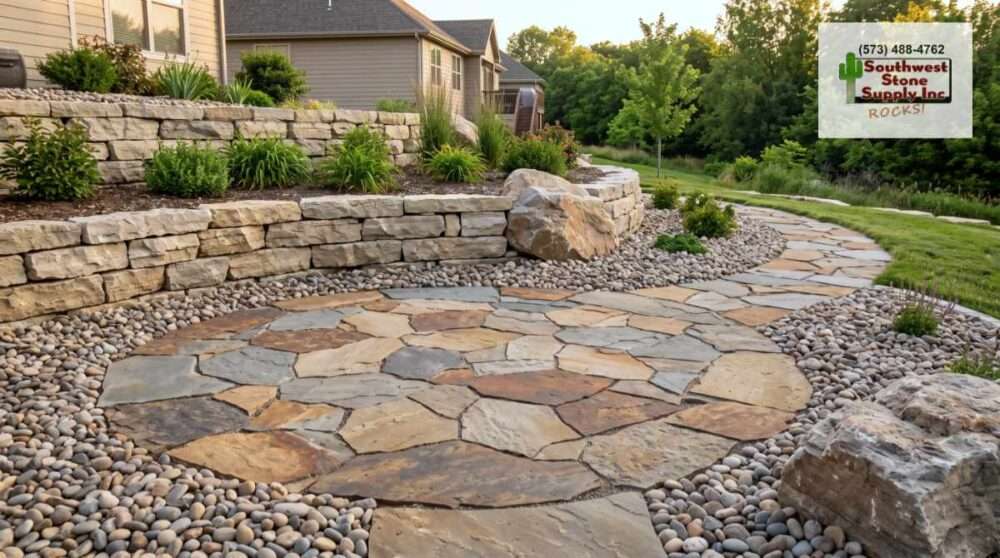 A detailed view of a terraced suburban backyard featuring a multi-level stacked stone retaining wall. An irregular, multi-colored flagstone patio and a winding flagstone path are bordered by extensive areas of smooth river rocks and gravel. A large boulder accentuates the curve of the wall. Landscaped gardens with mixed shrubs and grasses are visible, with green rolling hills and houses in the distance under a warm sunset glow.