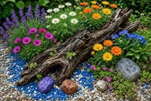 Multicolored landscaping rocks surround colorful flowers in a rock garden, showcasing a blend of blue, white, and brown tones.