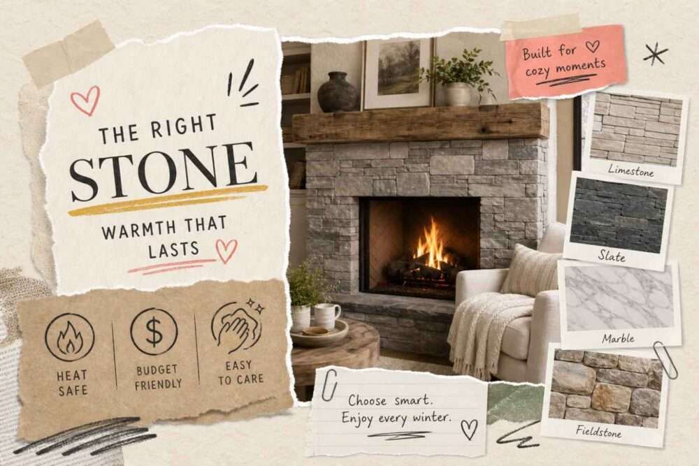 Cozy living room with a stacked stone fireplace surround, showing limestone, slate, marble, and fieldstone samples next to icons for heat-safe, budget-friendly, and easy-to-care natural stone options.