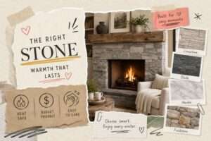 Cozy living room with a stacked stone fireplace surround, showing limestone, slate, marble, and fieldstone samples next to icons for heat-safe, budget-friendly, and easy-to-care natural stone options.