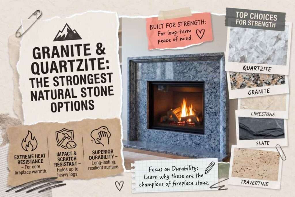Granite and quartzite fireplace surround highlighting extreme heat resistance, impact and scratch resistance, and superior durability, with comparison samples of quartzite, granite, limestone, slate, and travertine.