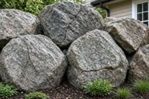 Large round boulders used as retaining wall and landscaping for home.