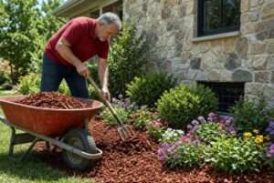 Man unloading mulch from a wheelbarrow in his back yard.