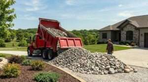 A wide-angle landscape photograph shows a red dump truck with its bed raised, actively unloading a massive pile of grey river rock onto a residential gravel driveway. A man in work clothes stands to the right watching the delivery. The background features a large modern home with stone veneer accents, a manicured lawn, garden beds, and distant wooded hills under a clear blue sky.