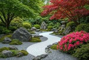 Breathtaking garden landscape with different color gravel rocks decorative and red and green plants.
