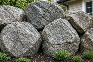 Large round boulders used as retaining wall and landscaping for home.