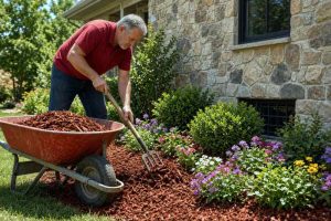 Man unloading mulch from a wheelbarrow in his back yard.